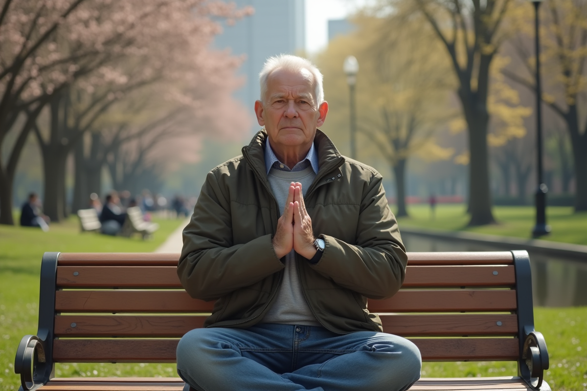 Homme méditant seul dans un parc en pleine nature