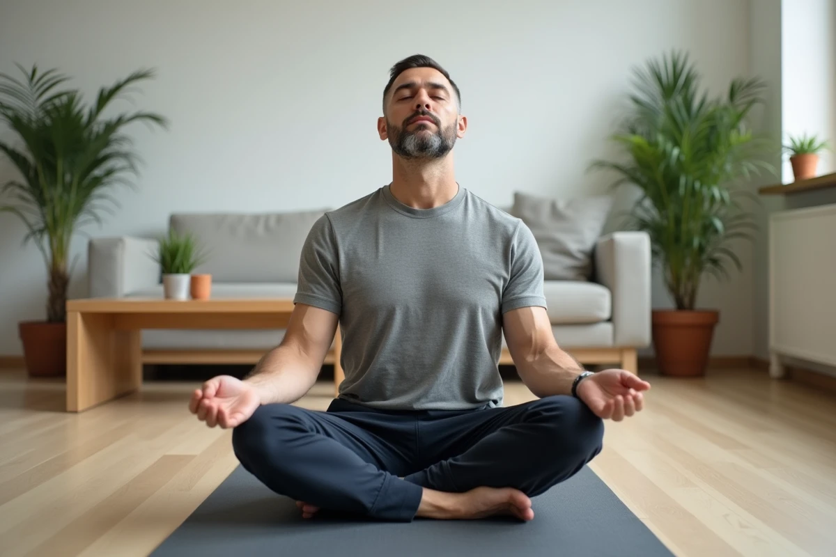 Homme méditant sur un tapis de yoga dans un salon épuré, symbolisant la gestion du stress pour soulager le syndrome de l'intestin irritable