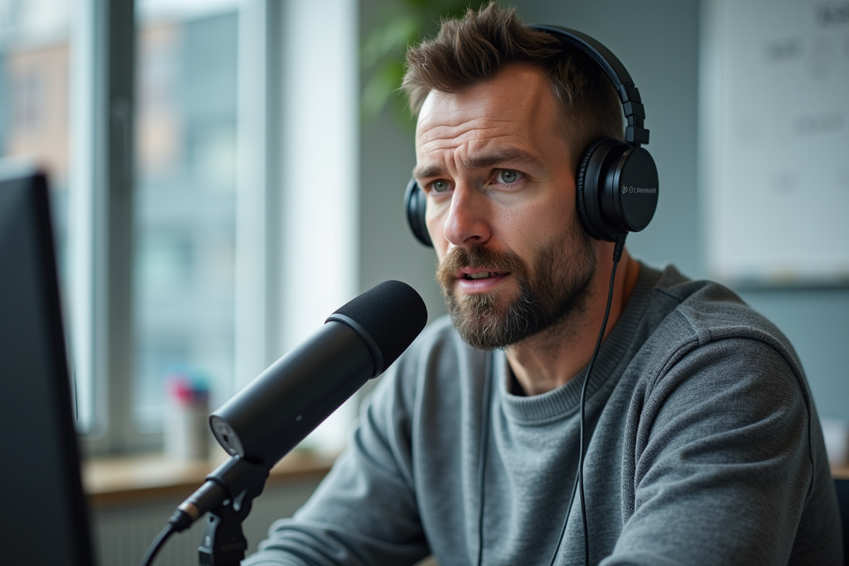 Homme parlant dans un microphone en environnement professionnel