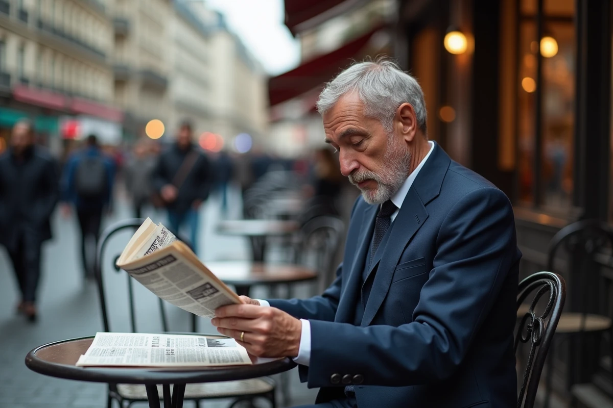 Homme d age moyen lisant un journal à Paris