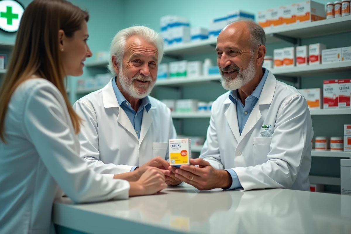 Homme discutant avec un pharmacien en pharmacie