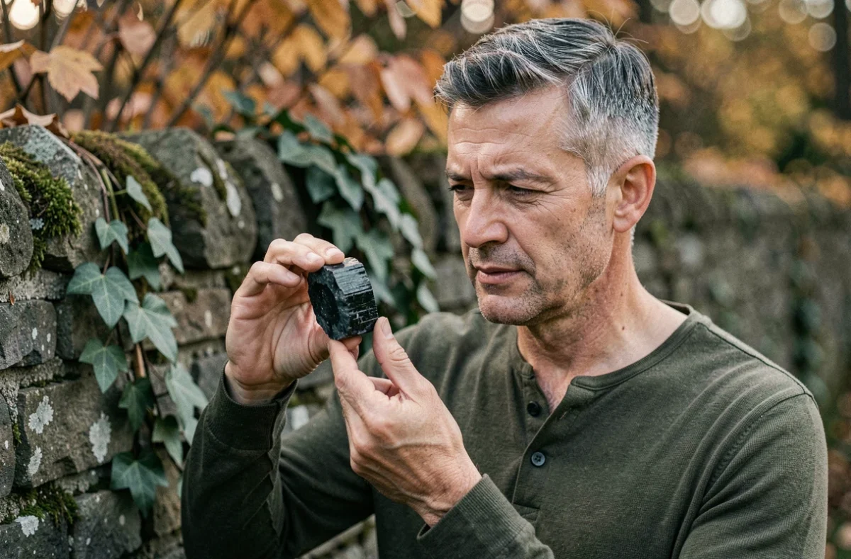 Homme tenant une pierre de tourmaline noire brute dans un jardin en automne pour se protéger des énergies négatives