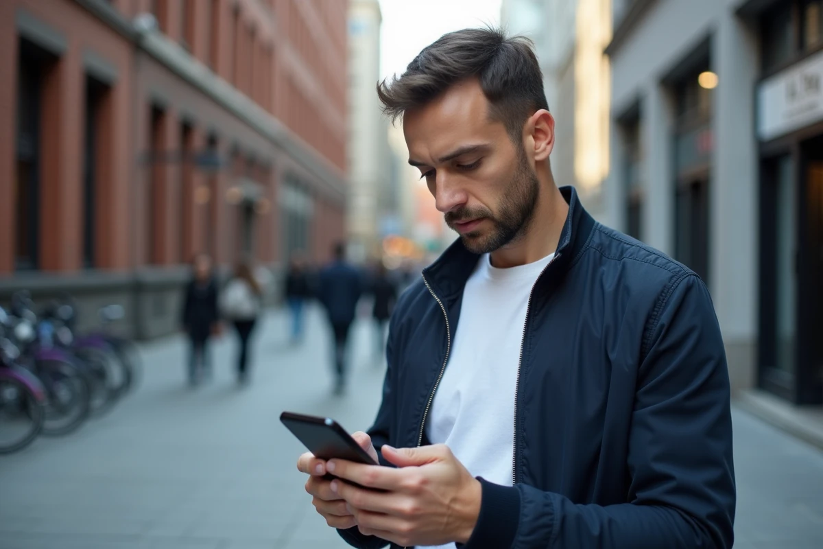 Homme accédant au portail médical Medisys sur son smartphone en milieu urbain