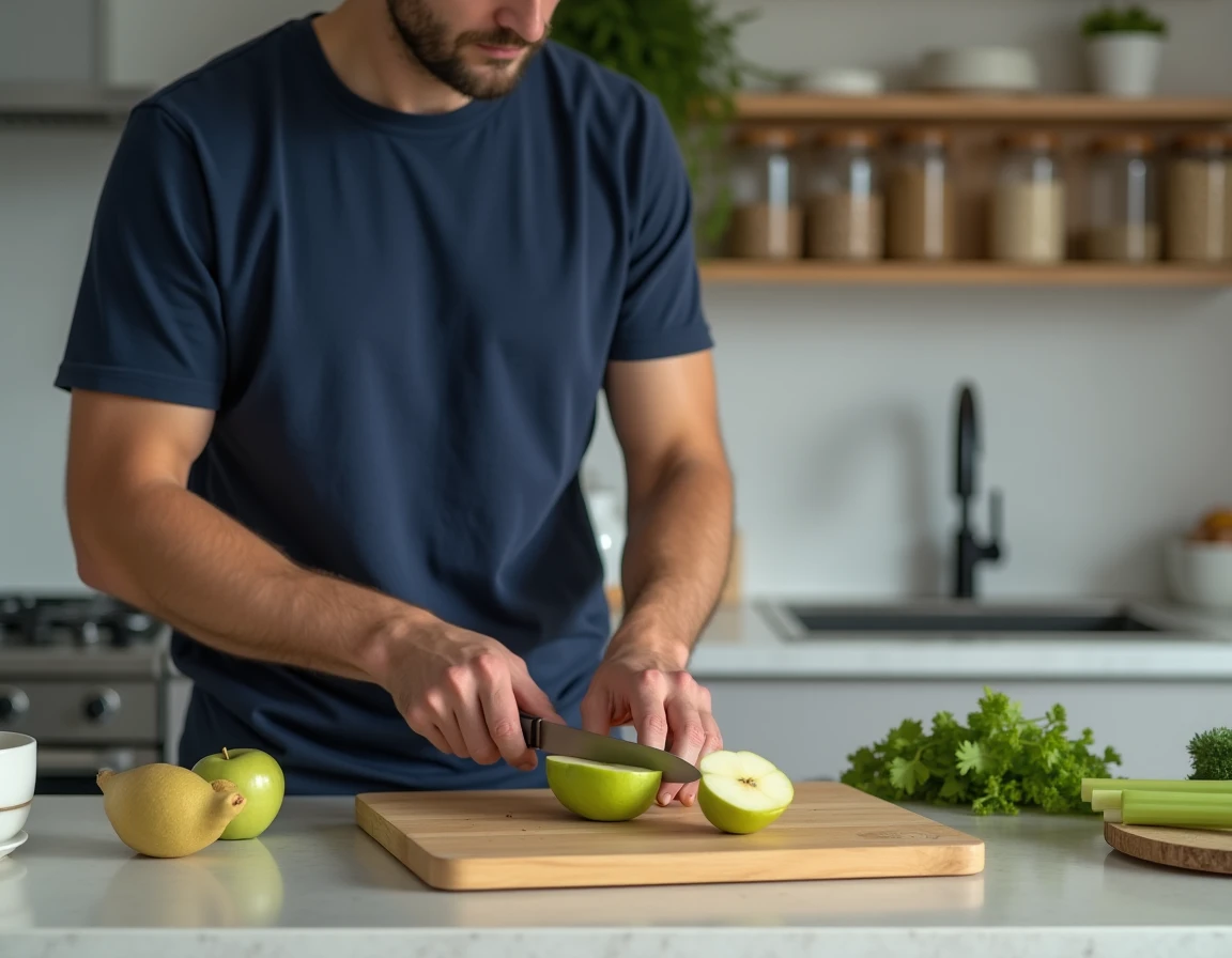 Homme préparant des aliments coupe-faim naturels comme la pomme et le beurre d'amande dans une cuisine moderne pour lutter contre le stress et les envies de sucre