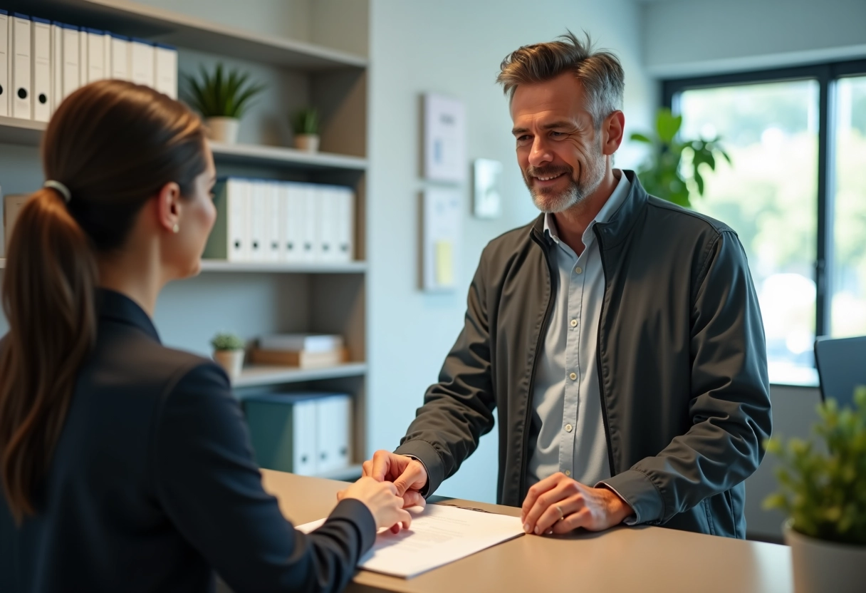 Homme remettant des papiers à une réceptionniste dans un bureau