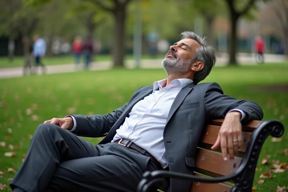Homme d age relaxant sur un banc dans un parc