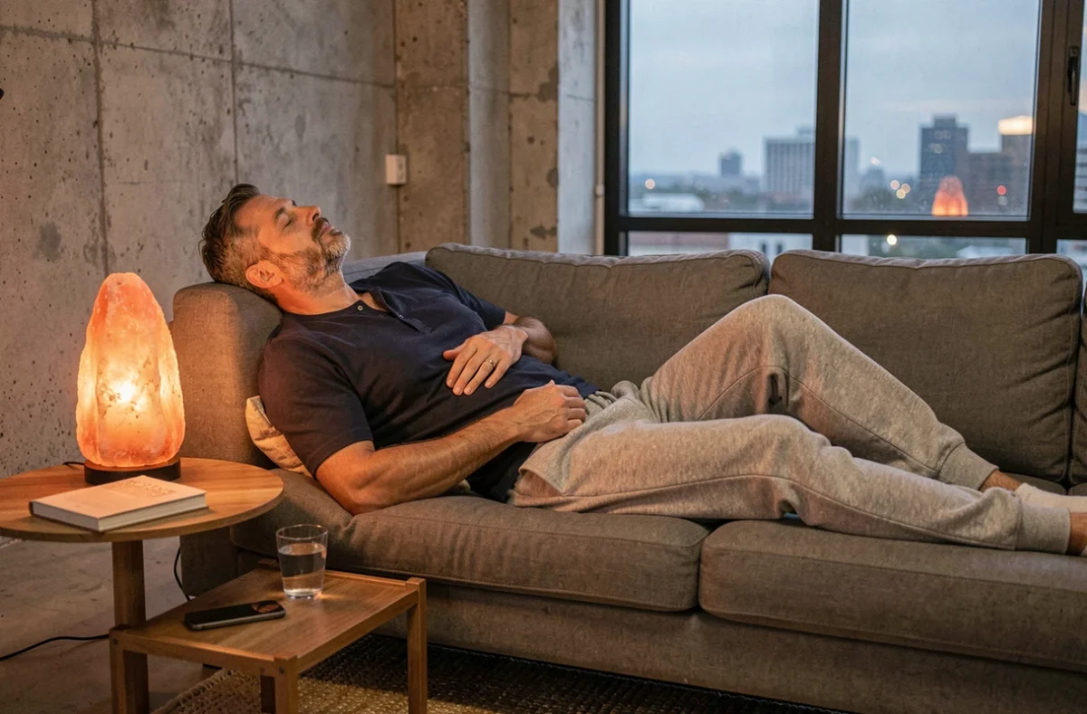 Homme se reposant sur un canapé à côté d'une lampe de sel rose de l'Himalaya dans un appartement moderne pour réduire le stress