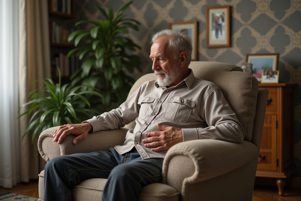 Homme âgé assis dans un fauteuil rembourré en détente