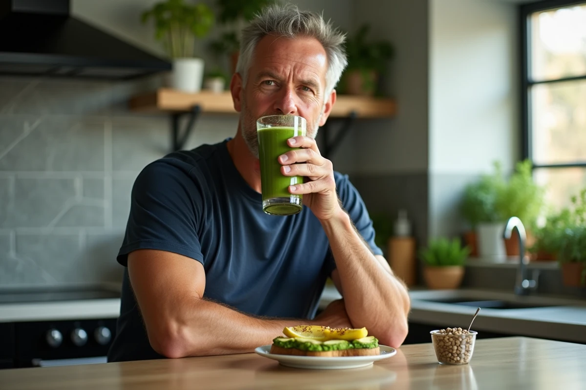 Homme buvant un smoothie thermogénique au matcha et épinards au petit-déjeuner avec toast avocat et piment