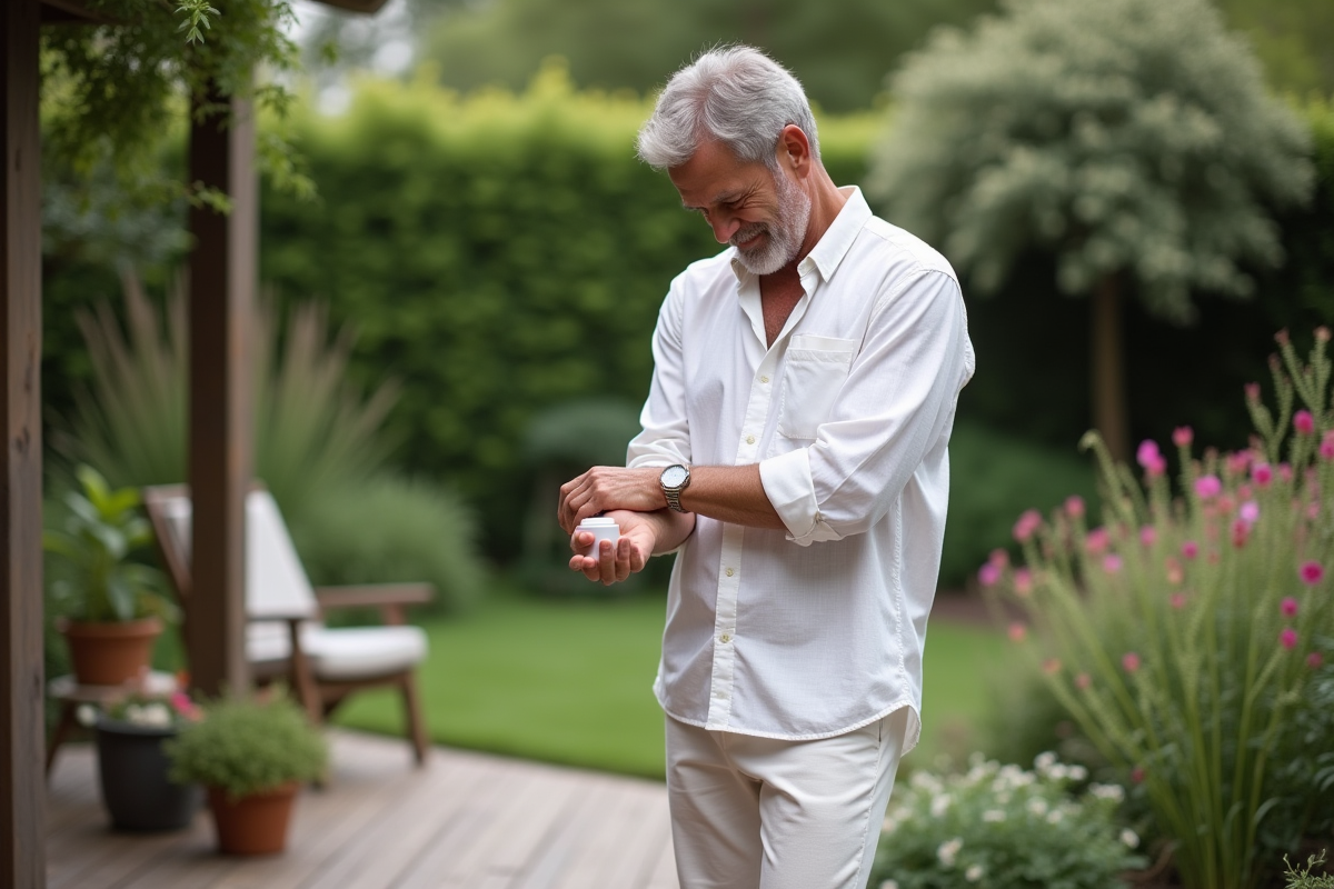 Homme appliquant une crème dans son jardin en plein air