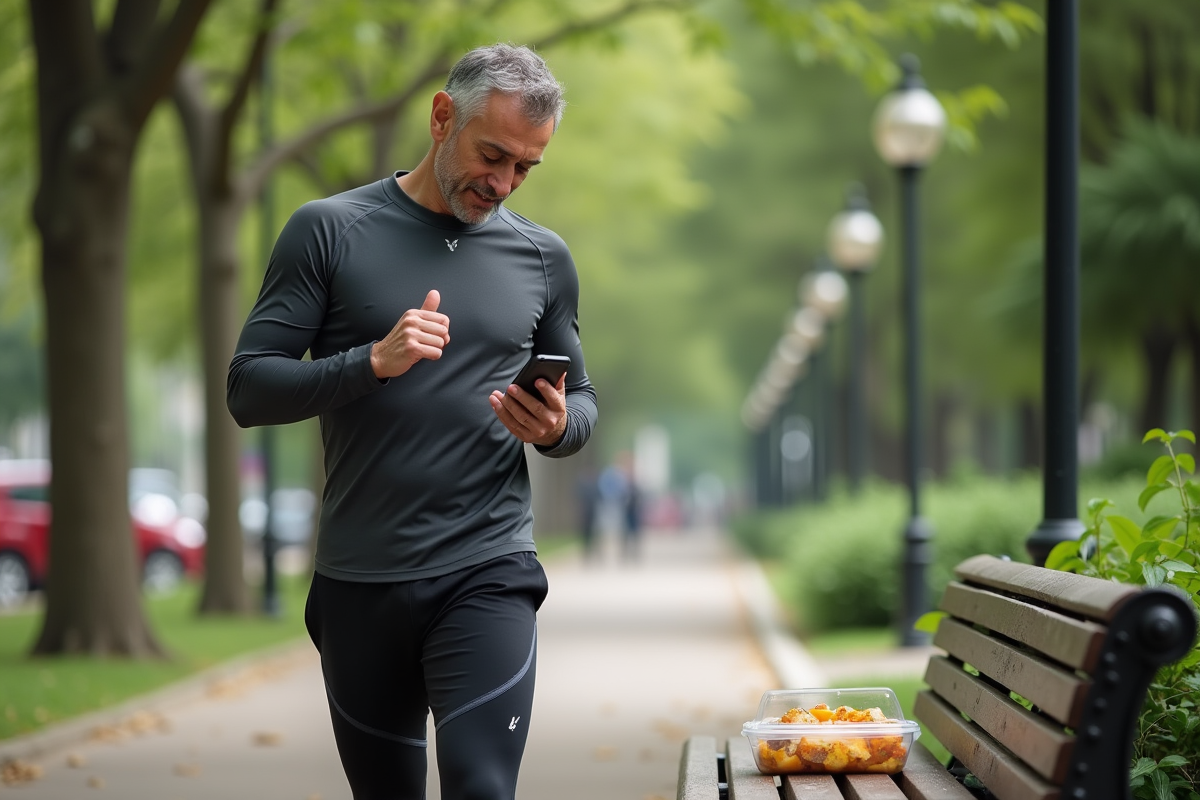 Homme actif vérifiant son application fitness en plein air