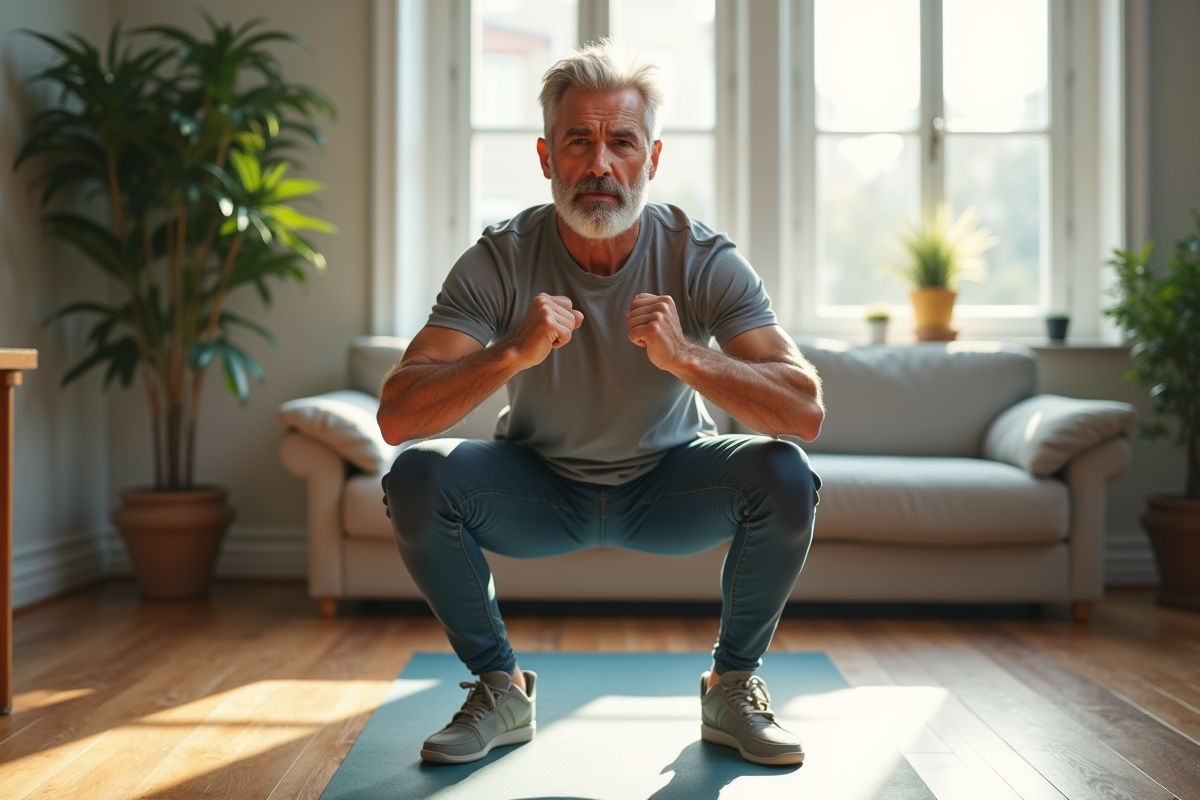 Homme faisant des squats dans un salon lumineux