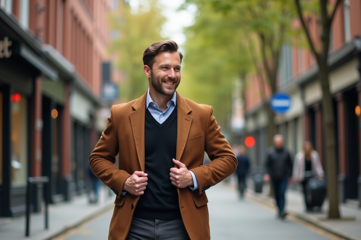Homme souriant en blazer en balade en ville