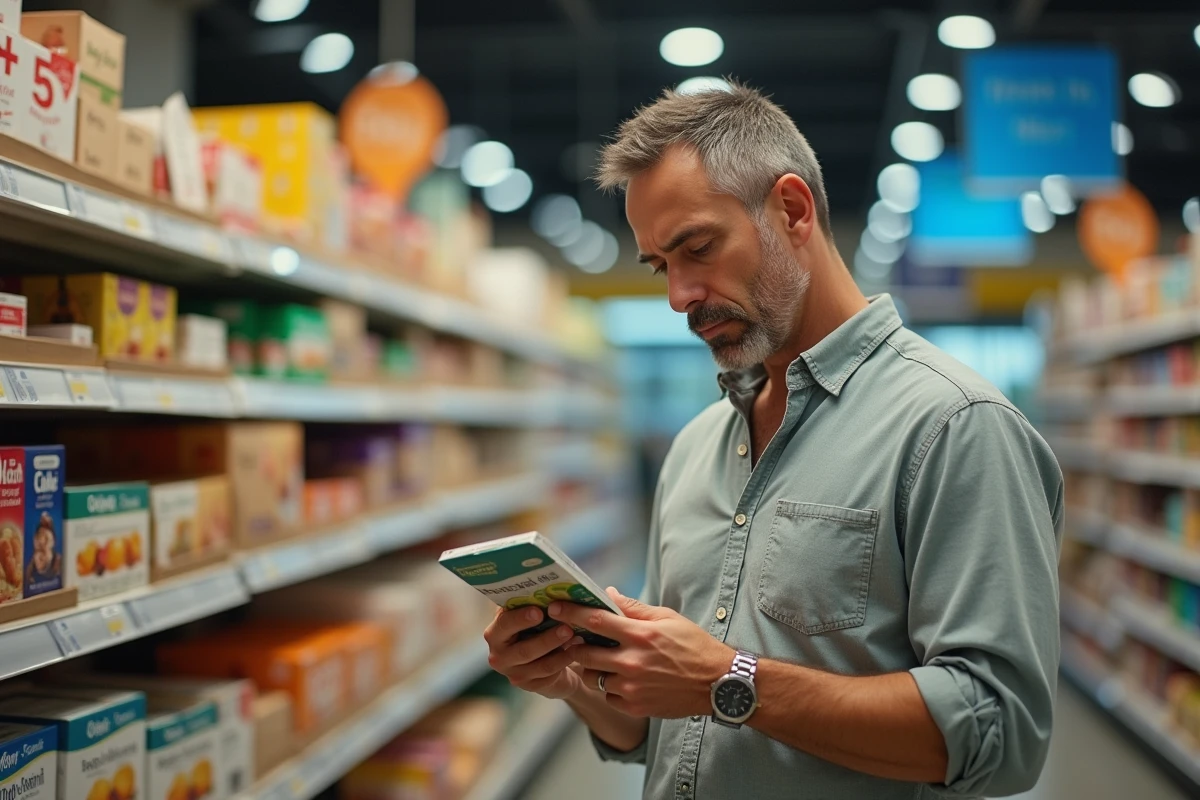 Homme examine &eacute;tiquette de produits di&eacute;t&eacute;tiques en supermarche