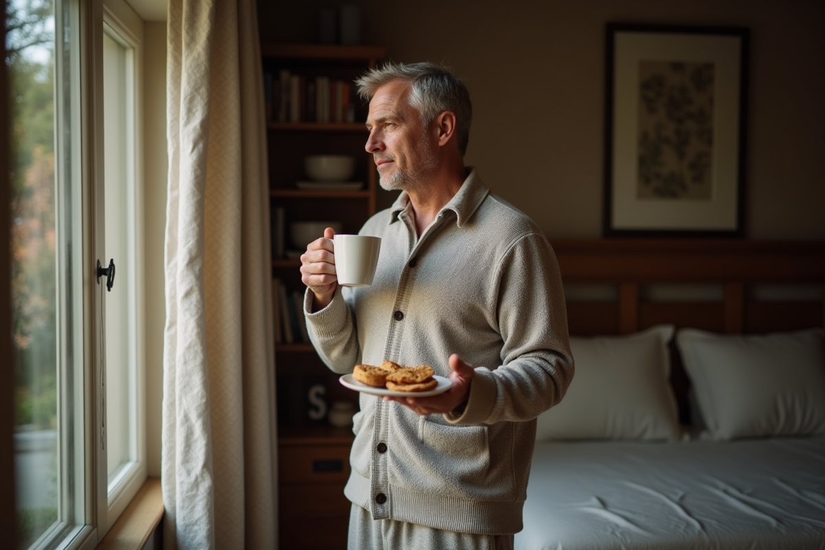 Homme en pyjama sirotant une tisane dans sa chambre