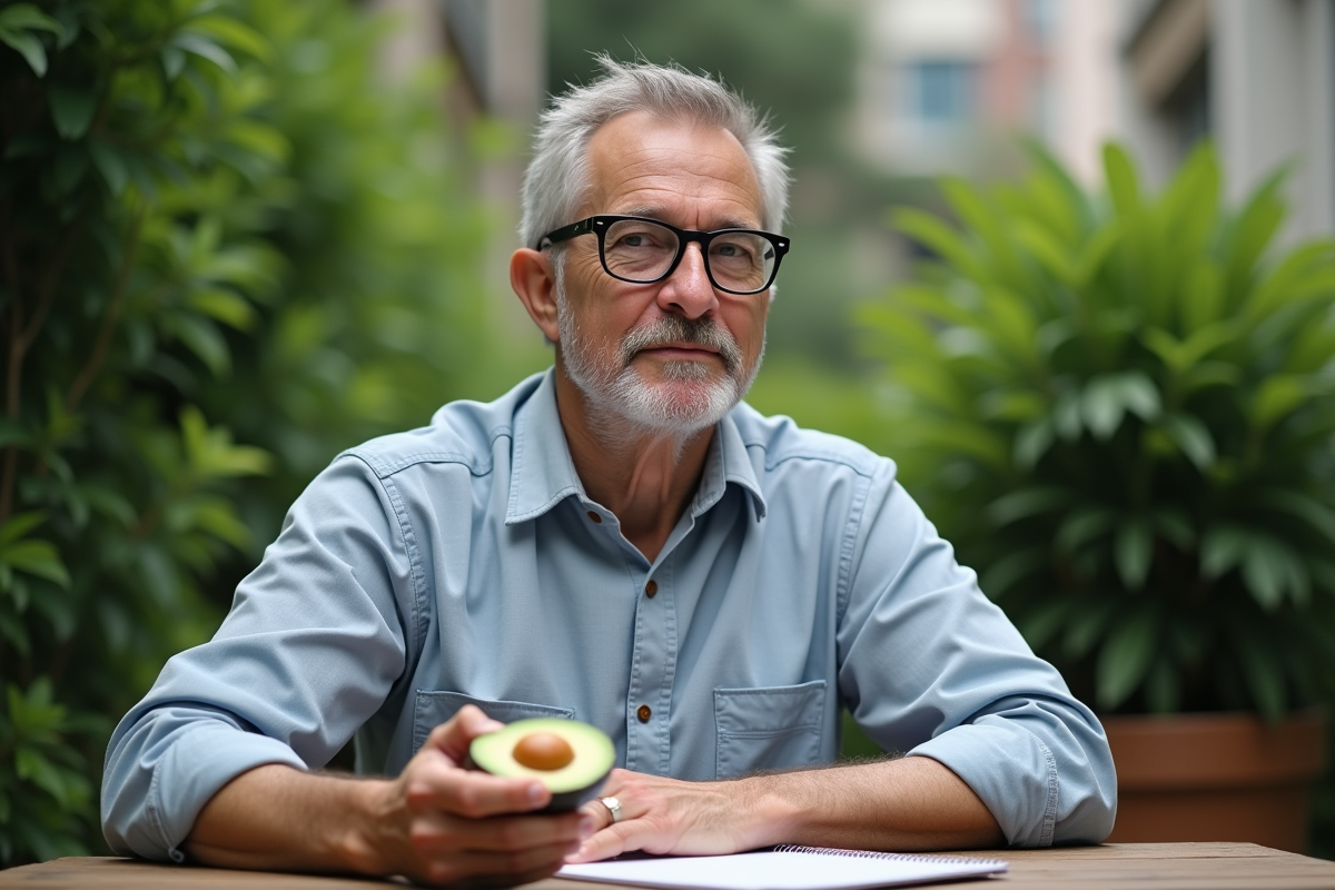 Homme avec avocat ouvert dans un jardin urbain