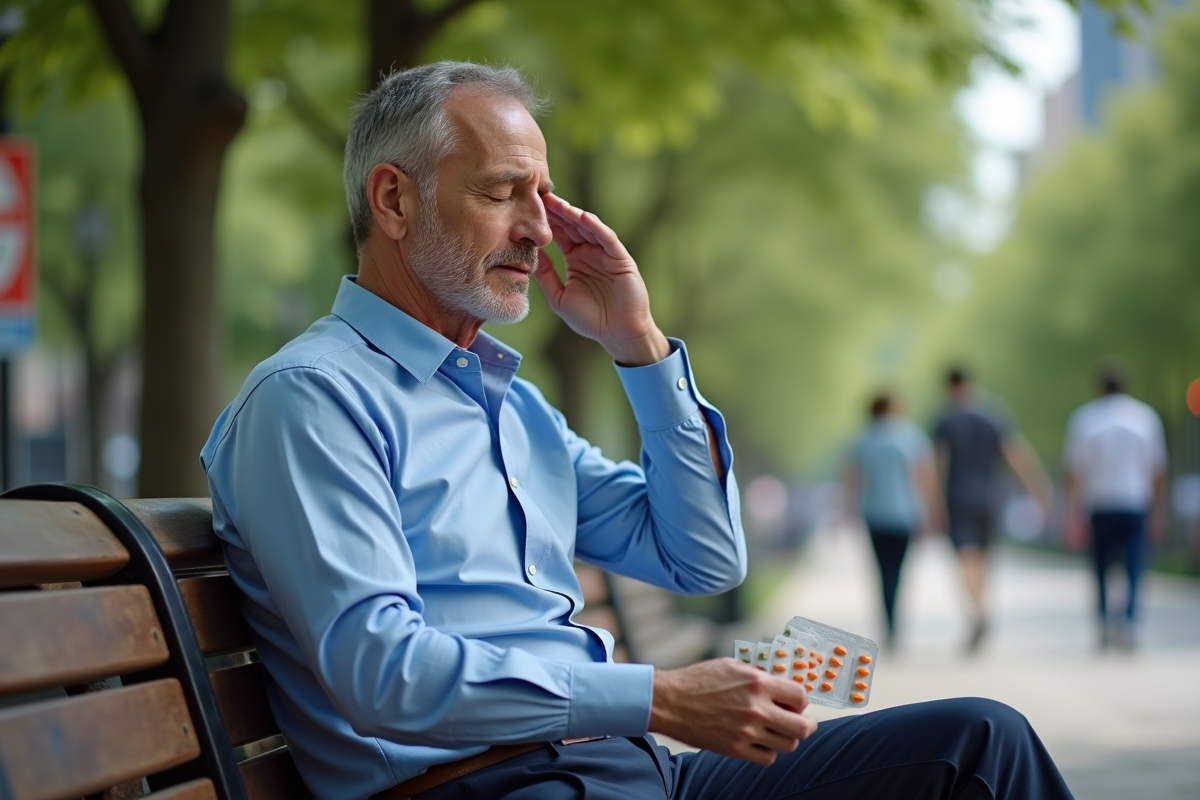 Homme en ville prenant des vitamines sur un banc de parc
