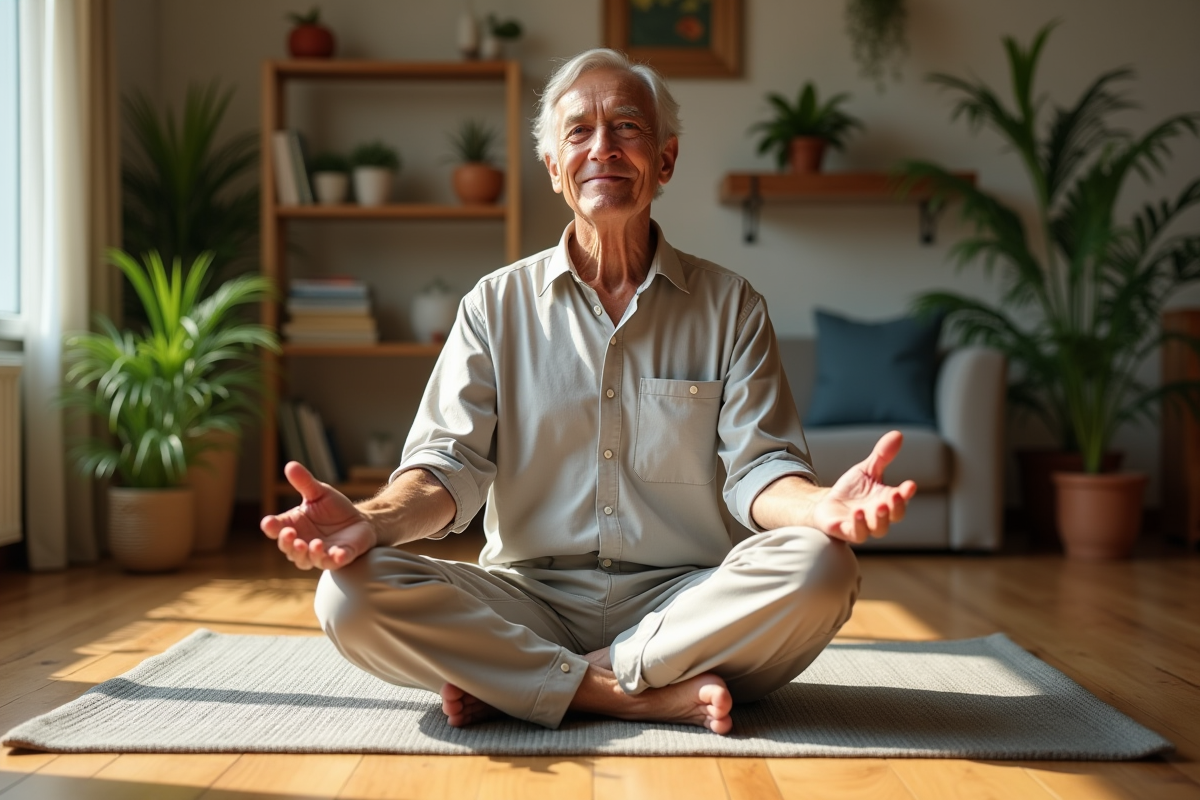 Homme âgé pratiquant le yoga dans un salon lumineux