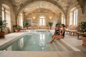Piscine intérieure d'un hôtel spa dans le Cher avec deux femmes se relaxant au bord de l'eau, murs en pierre calcaire et plantes vertes