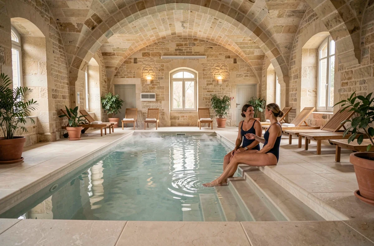 Piscine intérieure d'un hôtel spa dans le Cher avec deux femmes se relaxant au bord de l'eau, murs en pierre calcaire et plantes vertes
