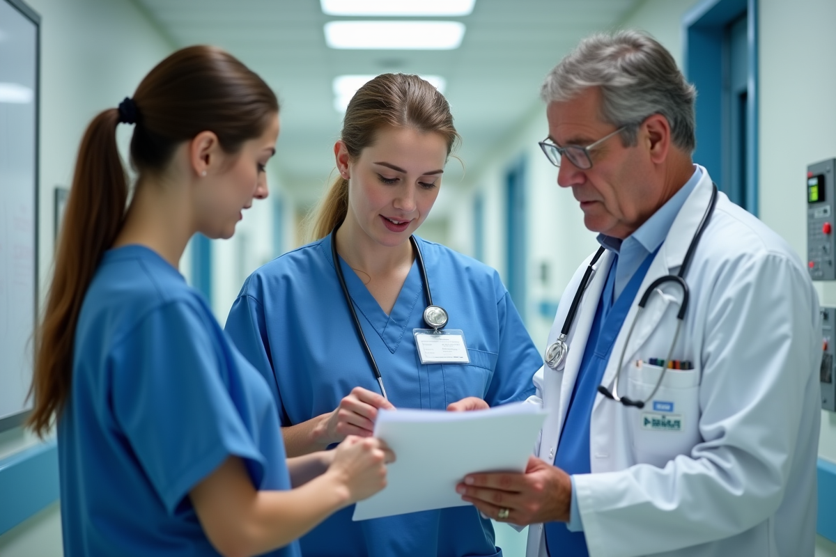 Infirmière en scrubs collaborant avec un médecin et un travailleur social