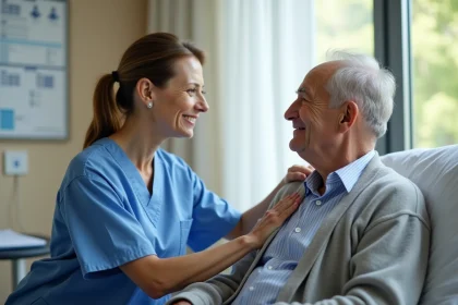 Infirmière rassurante avec patient âgé dans chambre d'hôpital