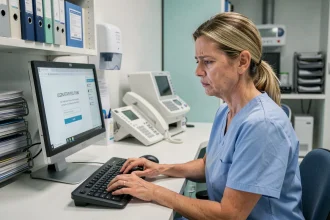 Infirmière en blouse bleue face à une erreur de connexion sur le logiciel Netsoins à son poste de travail hospitalier