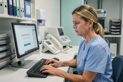 Infirmière en blouse bleue face à une erreur de connexion sur le logiciel Netsoins à son poste de travail hospitalier