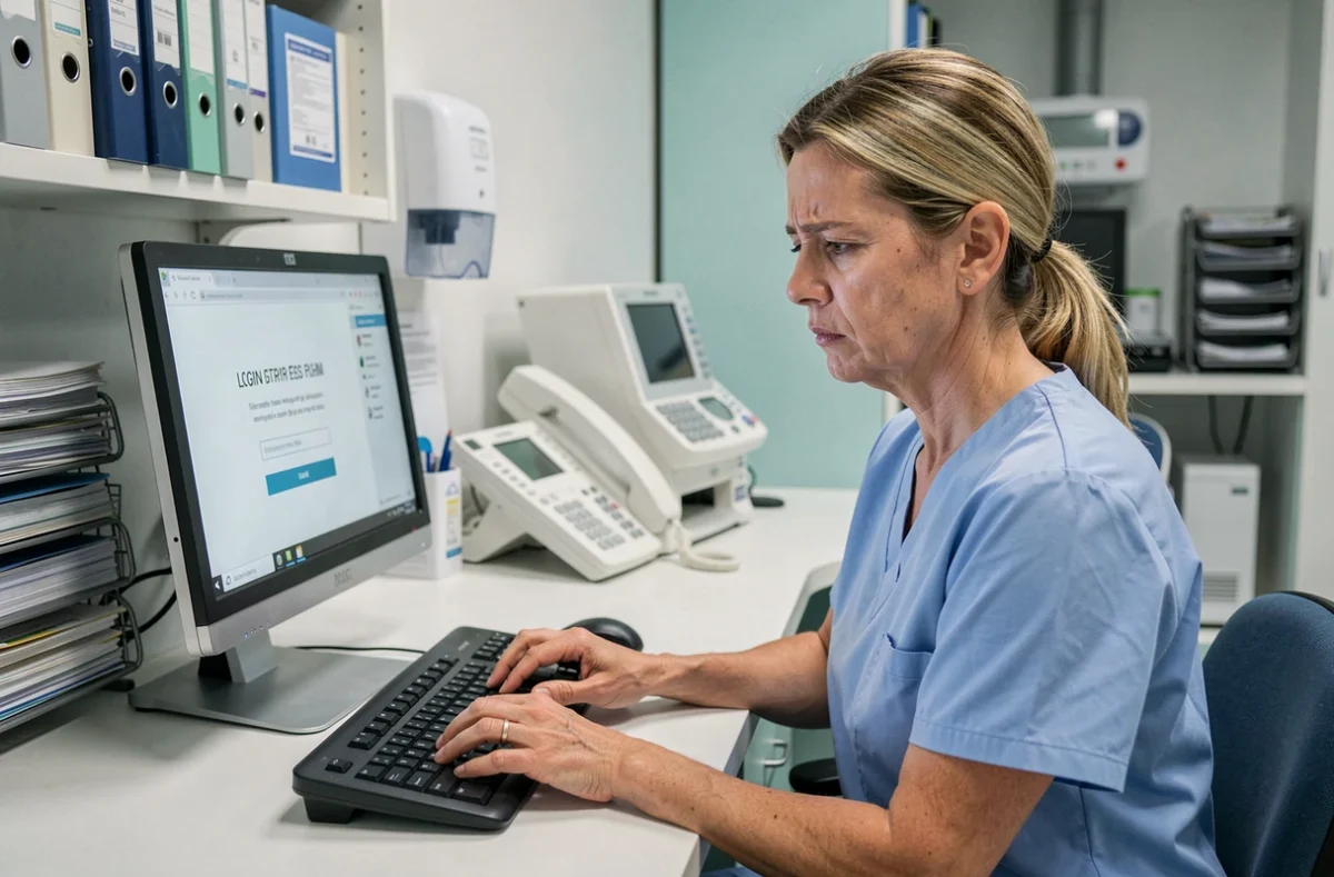 Infirmière en blouse bleue face à une erreur de connexion sur le logiciel Netsoins à son poste de travail hospitalier