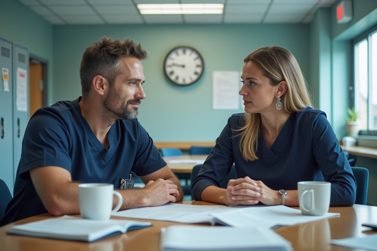 Deux infirmiers discutant de dossiers dans une salle de repos
