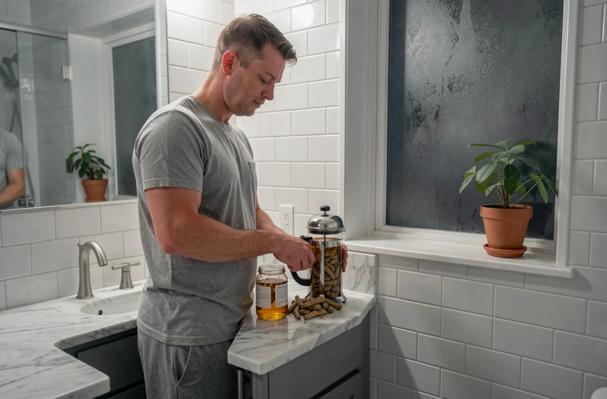 Homme préparant une infusion d'ashwagandha et camomille la nuit dans la salle de bain pour améliorer la qualité du sommeil et réduire les cauchemars