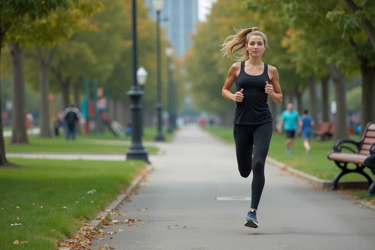 Jeune femme coureuse passant devant un banc de parc en ville