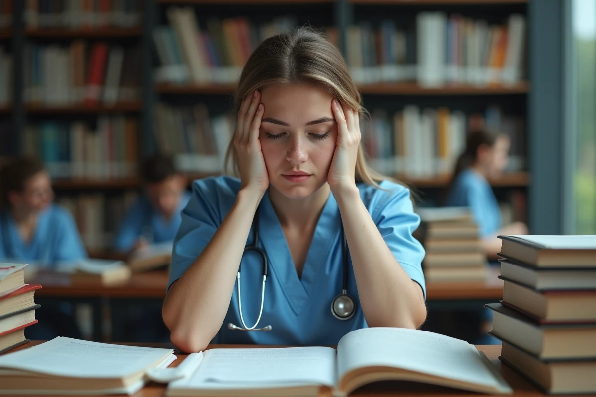 Jeune femme en blouse médicale studieuse à la bibliothèque