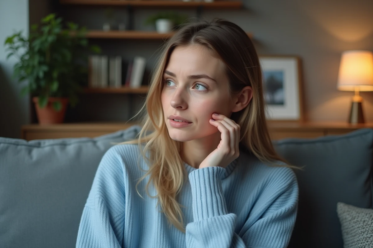 Jeune femme en douceur bleu dans un salon cosy
