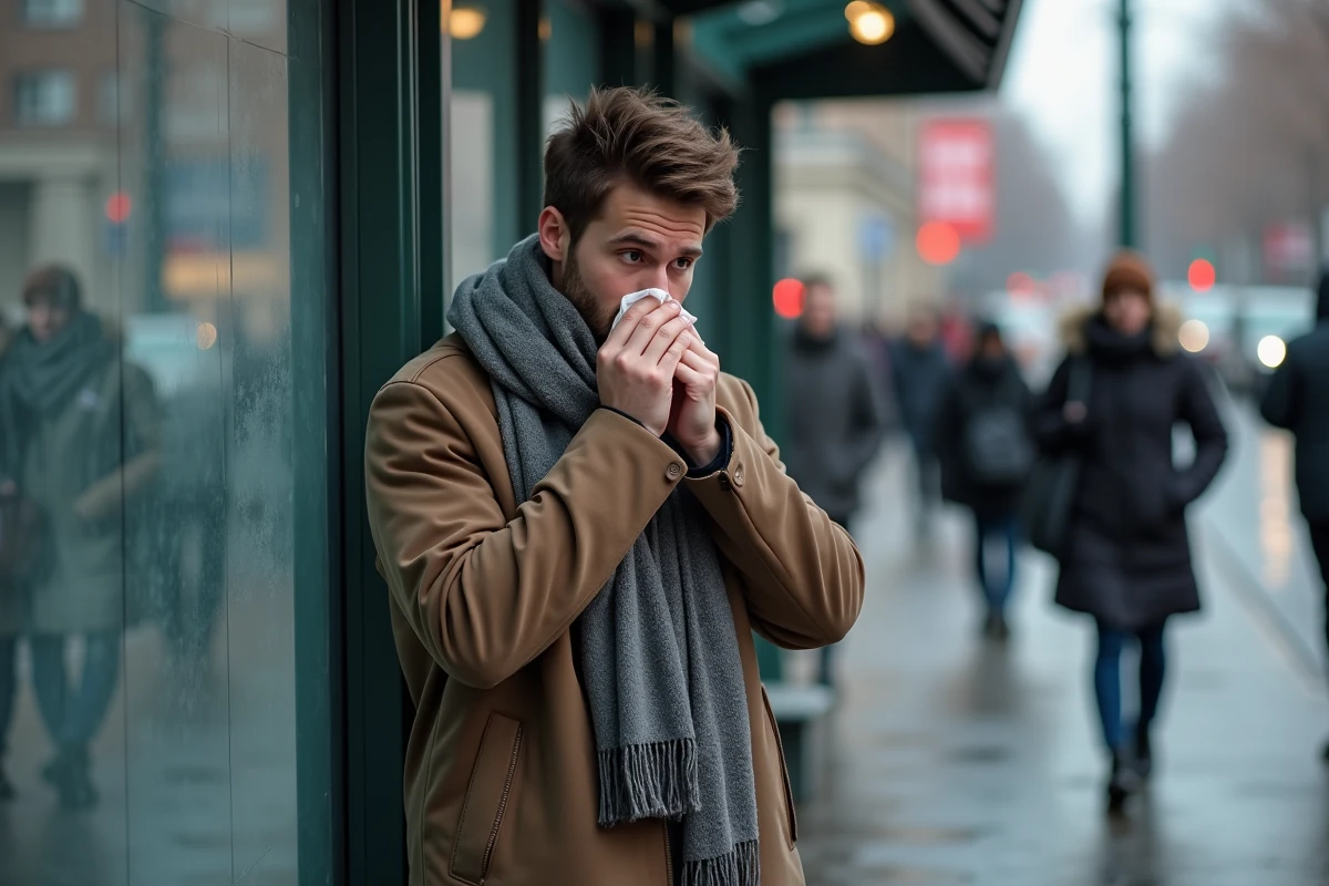 Jeune homme malade au arr&ecirc;t de bus urbain
