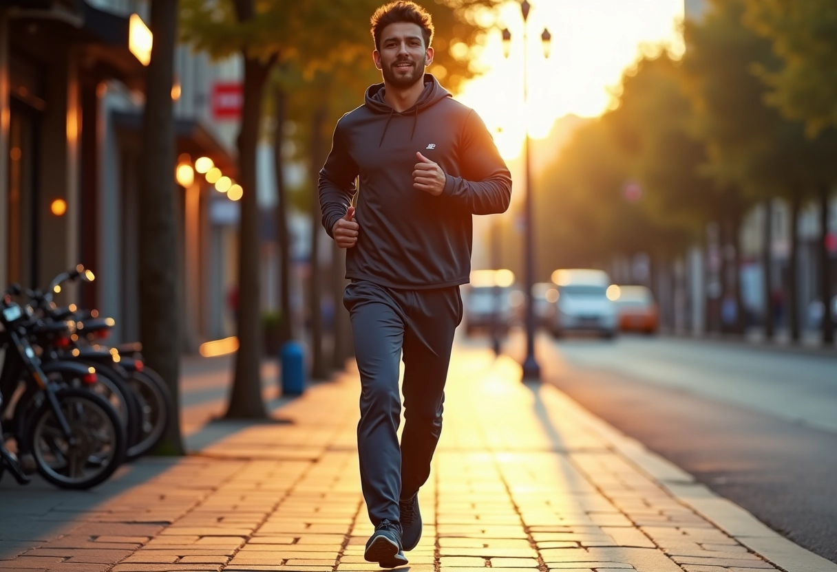 Jeune homme courant dans la ville au coucher du soleil