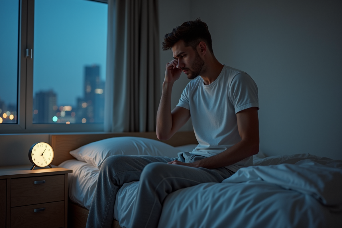 Jeune homme assis sur le lit avec un regard frustré