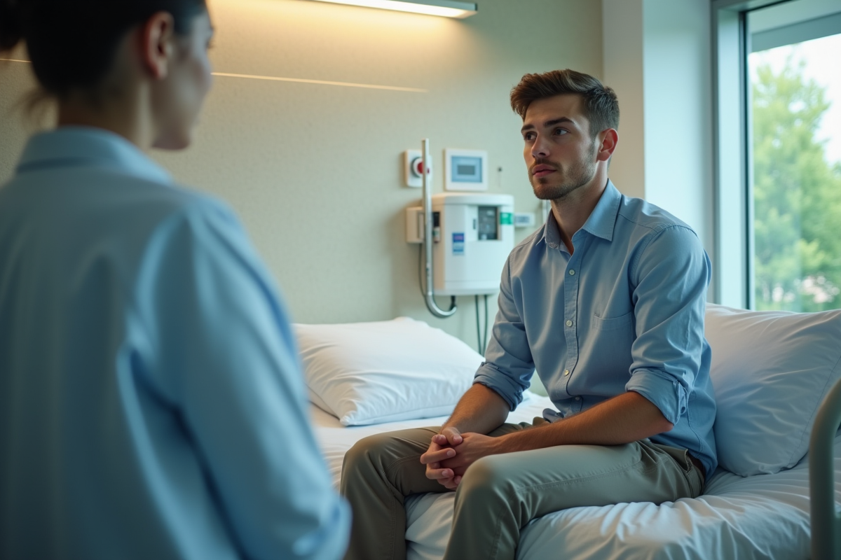 Jeune homme en discussion avec professionnel de santé