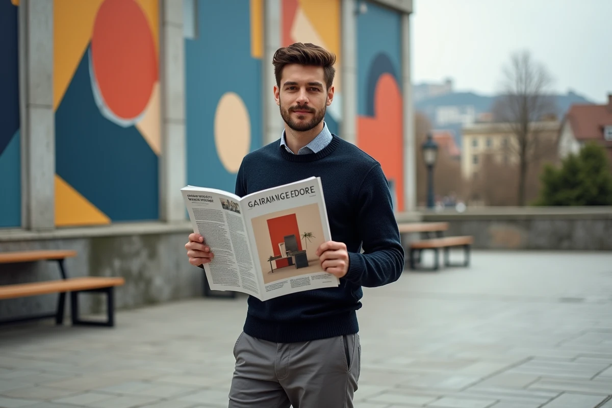 Jeune homme regardant un magazine devant un mur urbain color&eacute;
