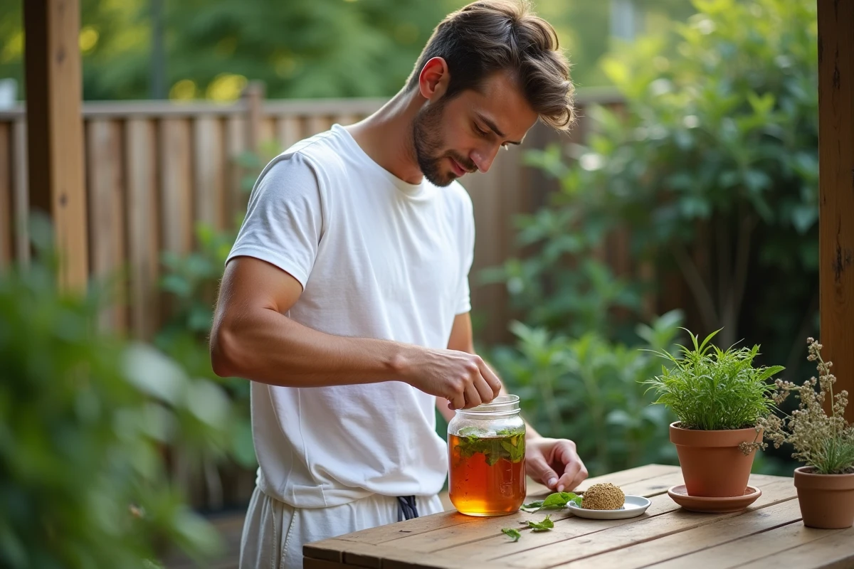 Jeune homme versant infusion dans un verre en extérieur