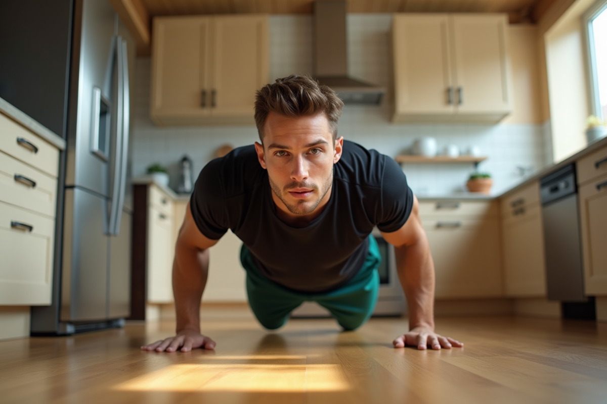 Jeune homme faisant des pompes dans la cuisine lumineuse