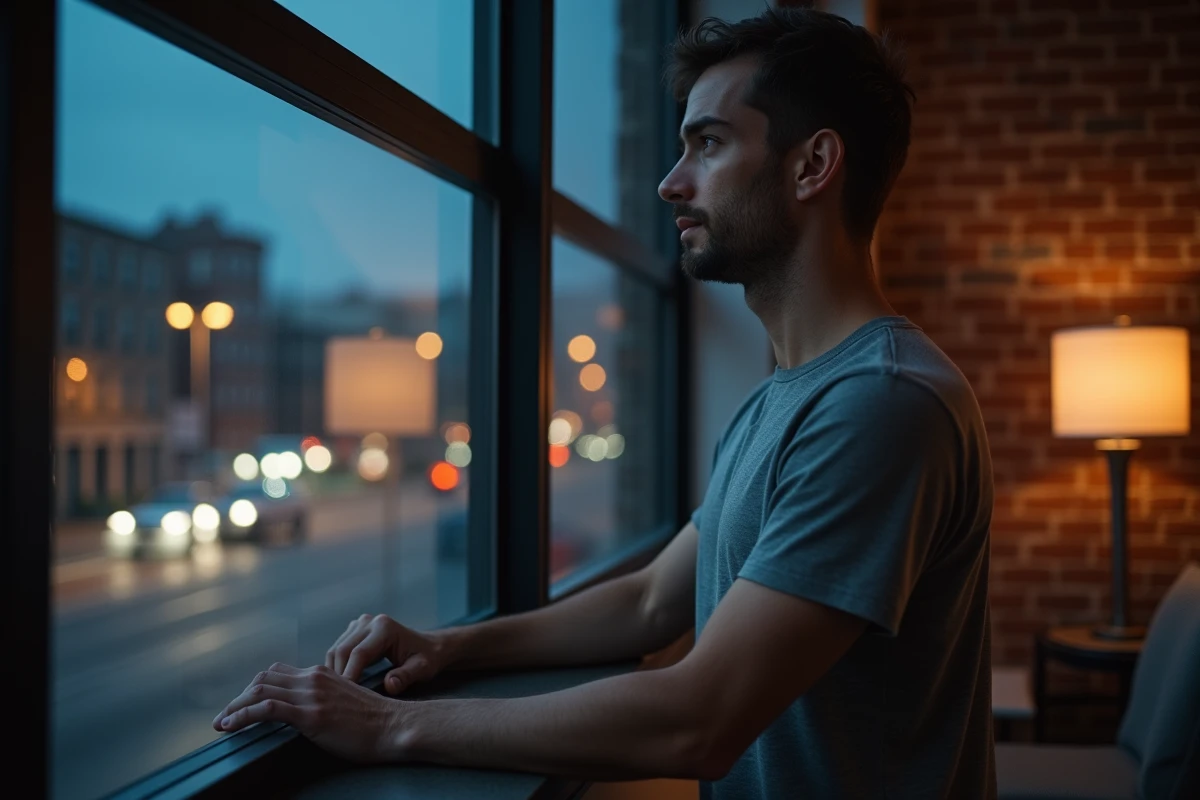 Jeune homme regardant par la fenêtre la ville la nuit