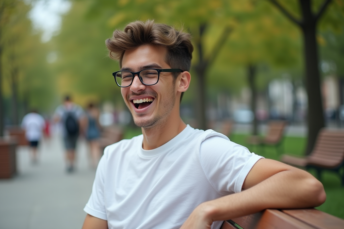 Jeune homme faisant un faux rire dans un parc urbain