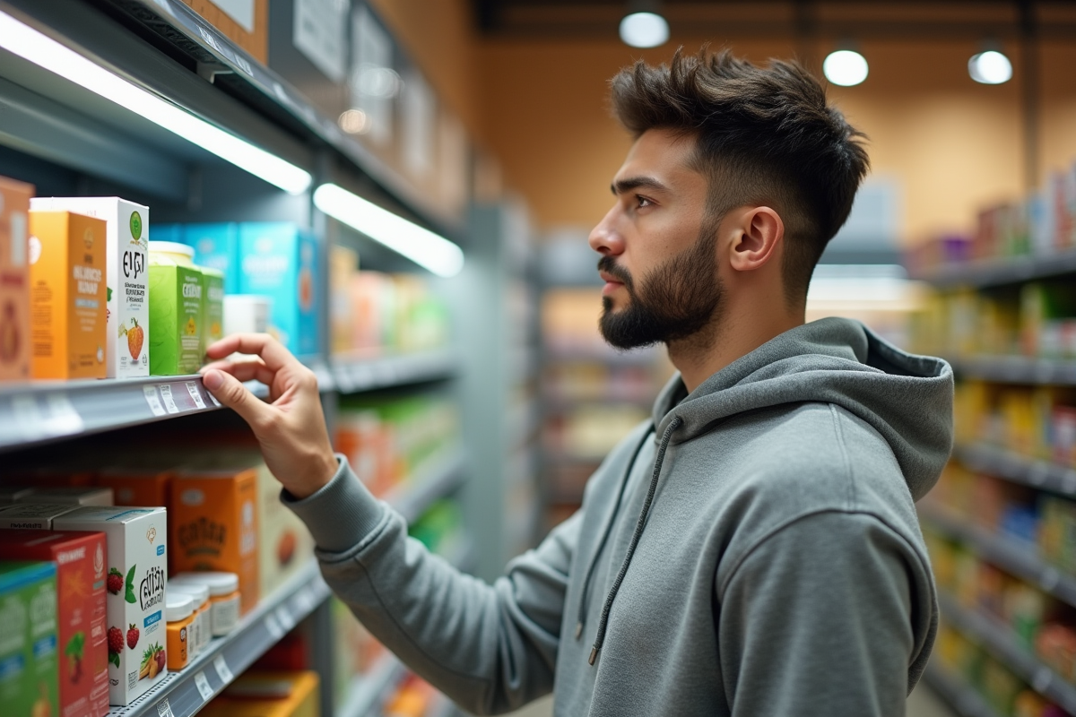 Jeune homme choisissant un produit de vitamine B12 dans un supermarché