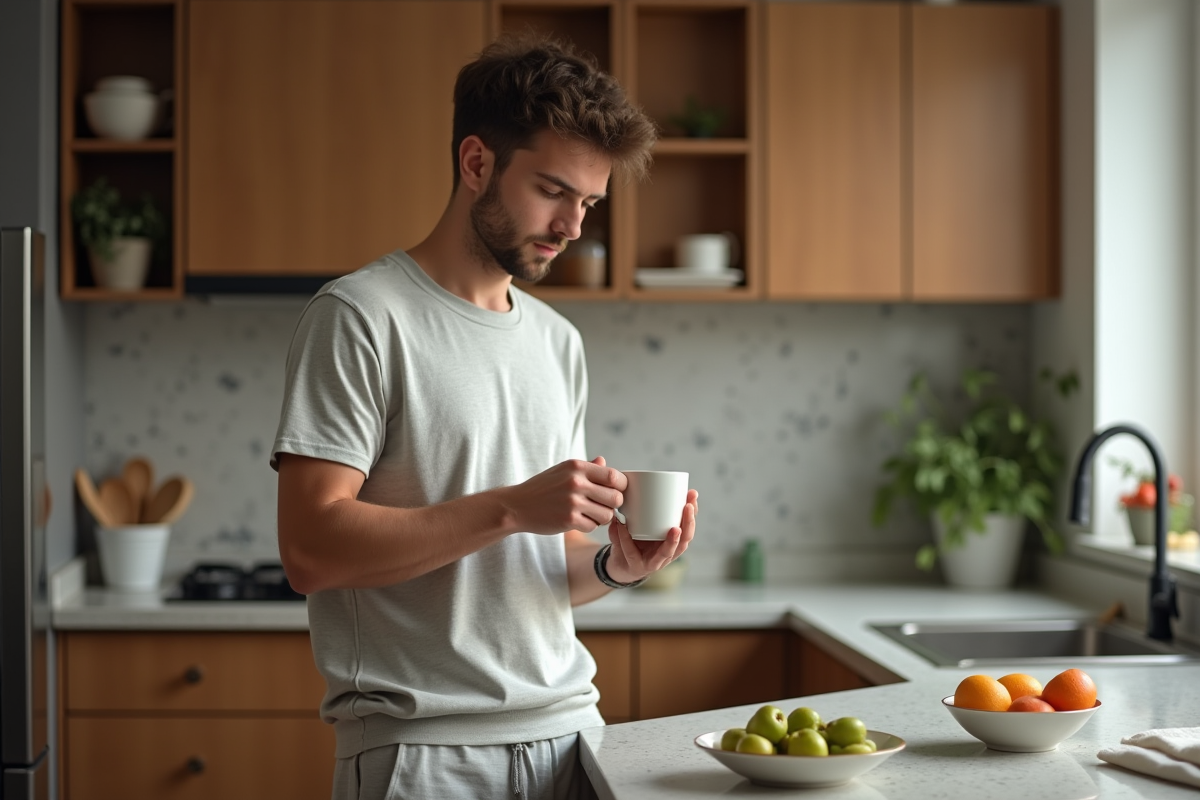 Jeune homme préparant une tisane dans une cuisine moderne