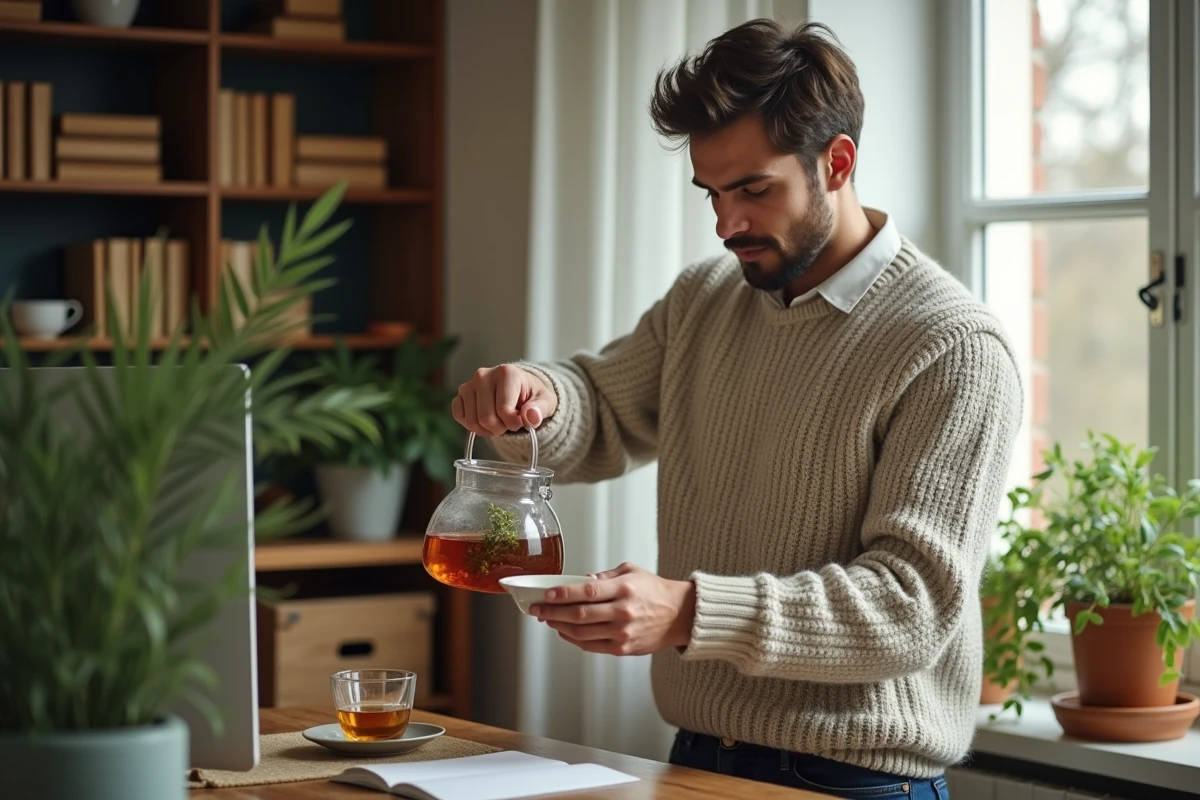 Jeune homme versant th&eacute; de thym dans un bureau lumineux