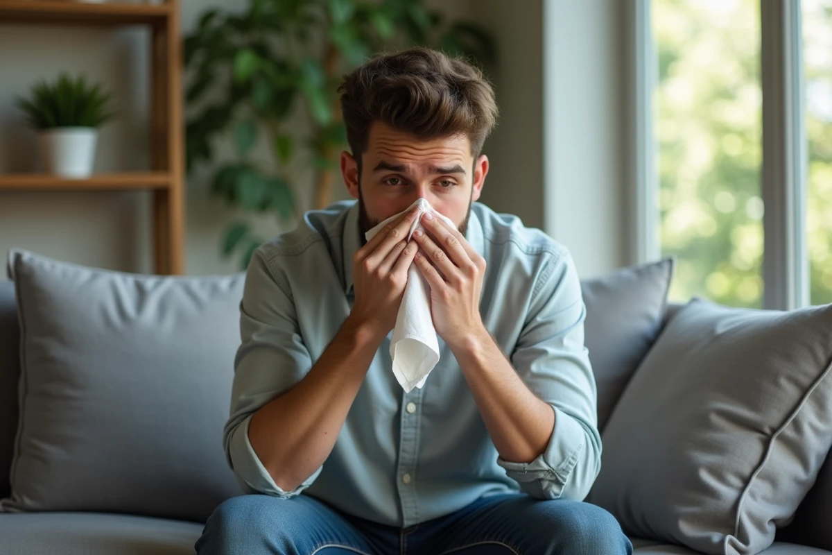 Jeune homme se mouchant sur un canap&eacute; moderne
