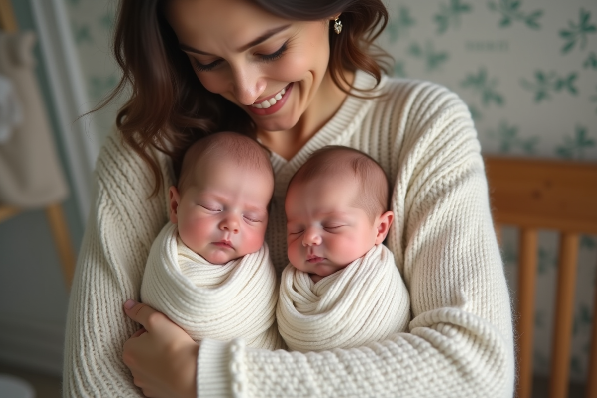 Jumeaux nouveau-nés enveloppés dans des langes dans les bras d’un parent souriant