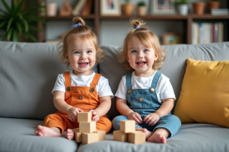 Jumeaux enfants jouant avec des blocs dans un salon chaleureux