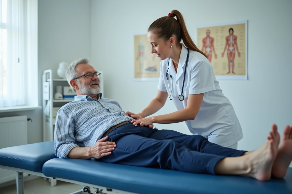 Séance de kinésithérapie pour douleur chronique à l'aine gauche avec un patient et un thérapeute professionnel